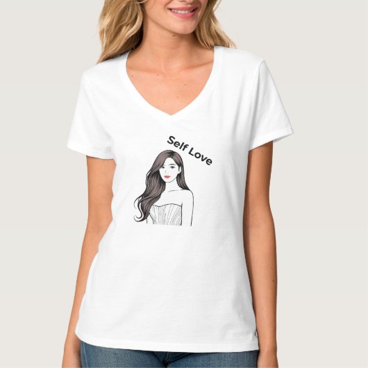 エレガントでミニマルな自己愛の女性ラインアート ピンク Tシャツ (正面)