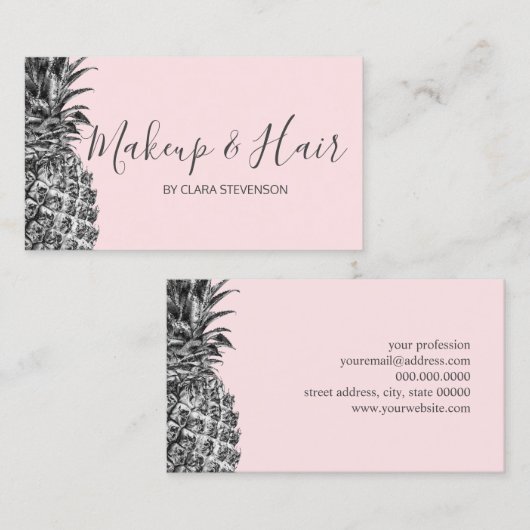 エレガントでモダンでかわいらしい銀製のピンクのパイナップル化粧 名刺 (正面/裏面)