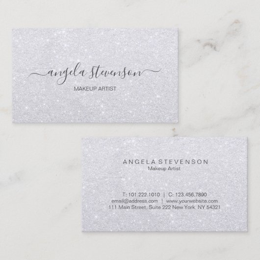 エレガントでモダンでガーリーな銀製のグリッターのメーキャップアーティスト 名刺 (正面/裏面)