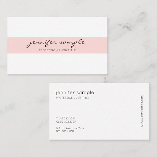 エレガントでモダンでシンプルな筆記体のピンクの白 名刺 (正面/裏面)