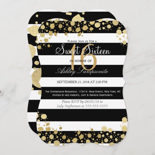 エレガントでモダンでフェイクな金ゴールドの(ばちゃばちゃ)跳ねるは縞で飾り、 招待状 (正面/裏面)