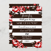 エレガントでモダンで赤い花柄及び黒及び白のストライプ 招待状 (正面/裏面)