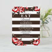 エレガントでモダンで赤い花柄及び黒及び白のストライプ 招待状 (スタンド正面)