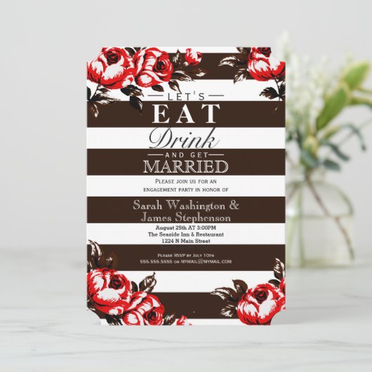 エレガントでモダンで赤い花柄及び黒及び白のストライプ 招待状 (スタンド正面)