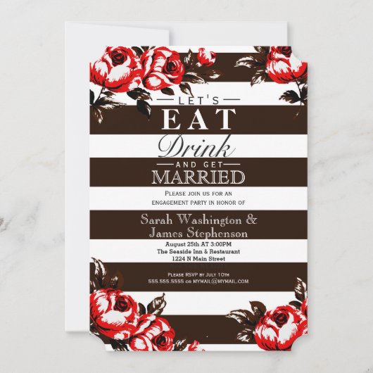 エレガントでモダンで赤い花柄及び黒及び白のストライプ 招待状 (正面)