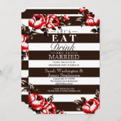 エレガントでモダンで赤い花柄及び黒及び白のストライプ 招待状 (正面/裏面)