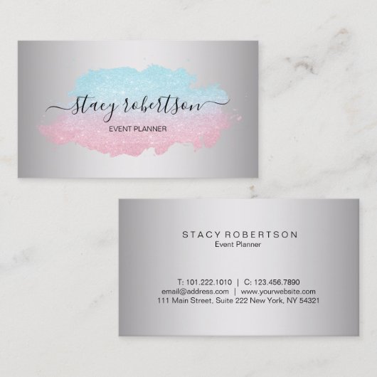 エレガントでモダンで青及びばら色の金ゴールドのグリッターのプランナー 名刺 (正面/裏面)