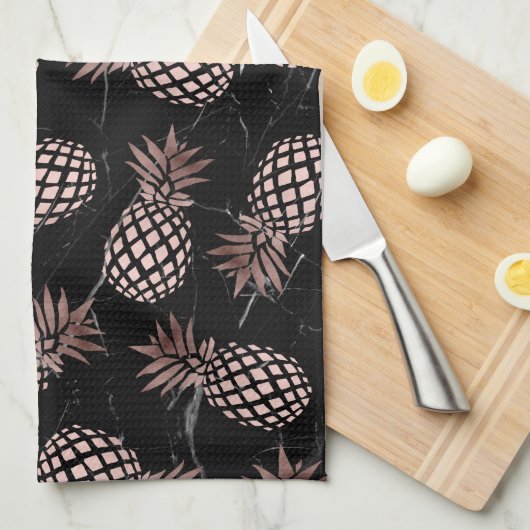 エレガントでモダンで黒い大理石のばら色の金ゴールドのパイナップル キッチンタオル (四つ折り)
