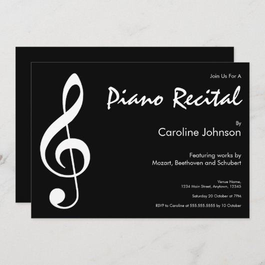 エレガントでモダンで黒い音楽ピアノコンサートの演奏会 案内状 (正面/裏面)