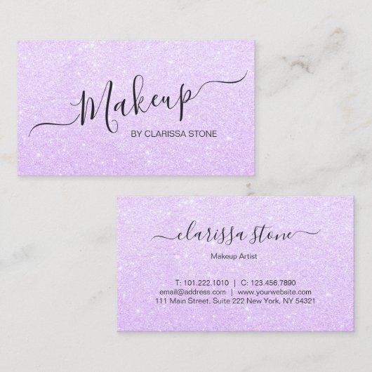 エレガントでモダンなすみれ色の紫色のグリッターのメーキャップアーティスト 名刺 (正面/裏面)