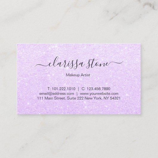 エレガントでモダンなすみれ色の紫色のグリッターのメーキャップアーティスト 名刺 (裏面)