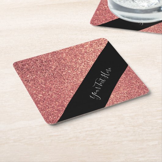 エレガントでモダンなひよこのばら色の金ゴールドのグリッターの黒 スクエアペーパーコースター (アングル)