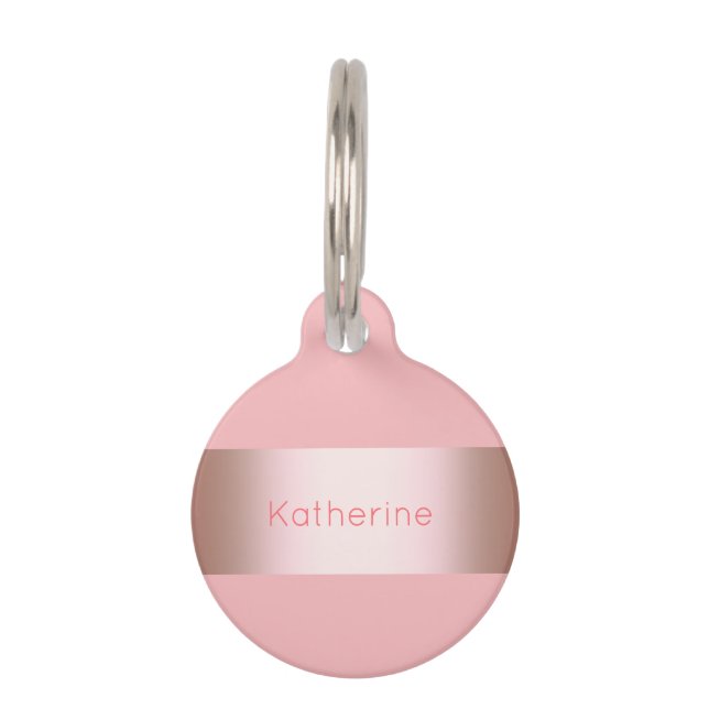 エレガントでモダンなひよこのばら色の金ゴールド及びピンクのストリップ ペット　ネームタグ (正面)