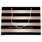 エレガントでモダンなひよこのストライプのなばら色の金ゴールドの黒 ラージペーパーバッグ (正面)