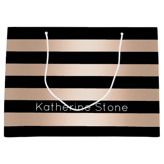 エレガントでモダンなひよこのストライプのなばら色の金ゴールドの黒 ラージペーパーバッグ (正面)