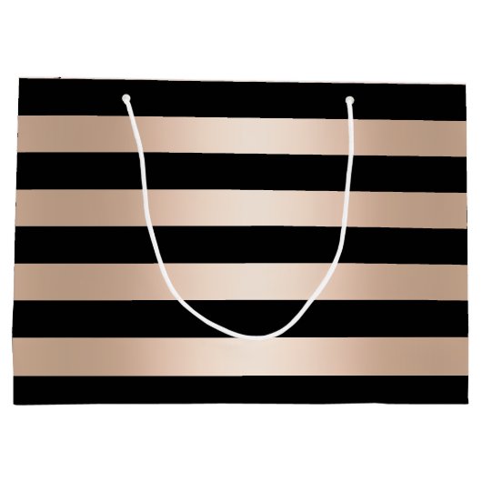 エレガントでモダンなひよこのストライプのなばら色の金ゴールドの黒 ラージペーパーバッグ (裏面)