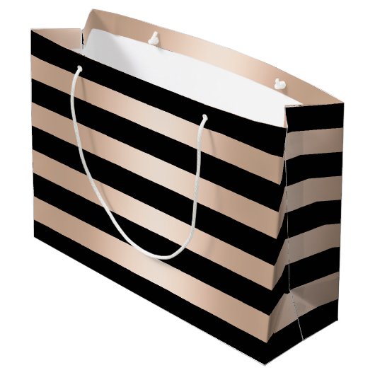 エレガントでモダンなひよこのストライプのなばら色の金ゴールドの黒 ラージペーパーバッグ (裏面アングル)