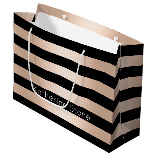 エレガントでモダンなひよこのストライプのなばら色の金ゴールドの黒 ラージペーパーバッグ (正面アングル)