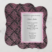 エレガントでモダンなウェディング フラワー ダマスク ブラック 招待状 (正面/裏面)