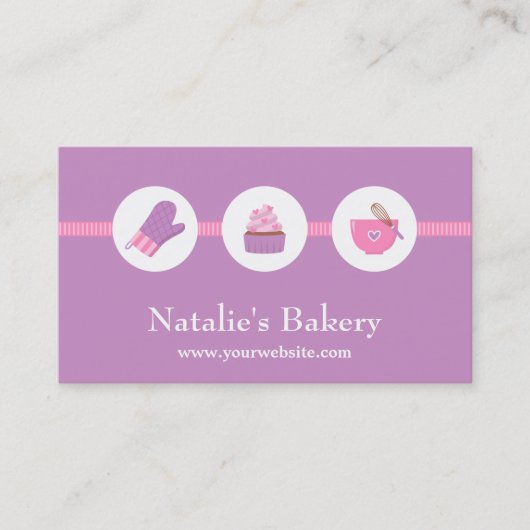 エレガントでモダンなカップケーキのベーカリーのカフェのピンクの紫色 名刺 (正面)