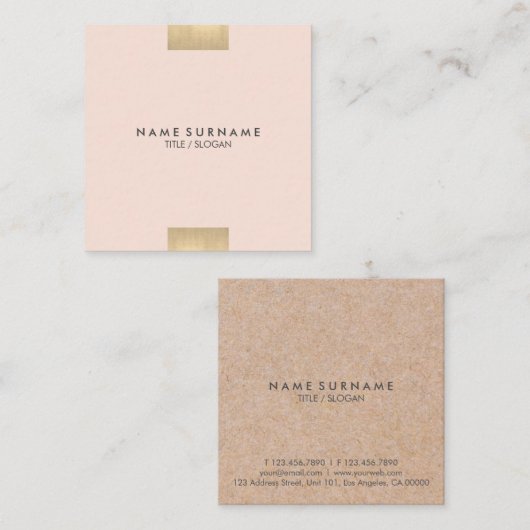 エレガントでモダンなクラフトによって印刷される金ゴールドのシックなパステル調ピンク スクエア名刺 (正面/裏面)
