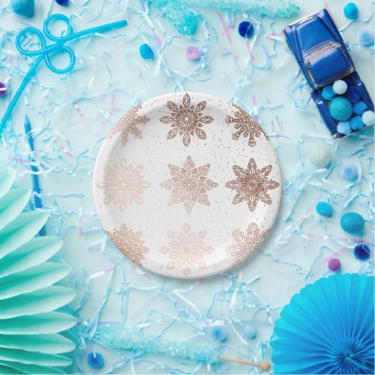 エレガントでモダンなクリスマス|のばら色の金ゴールドの雪片 ペーパープレート (パーティー)