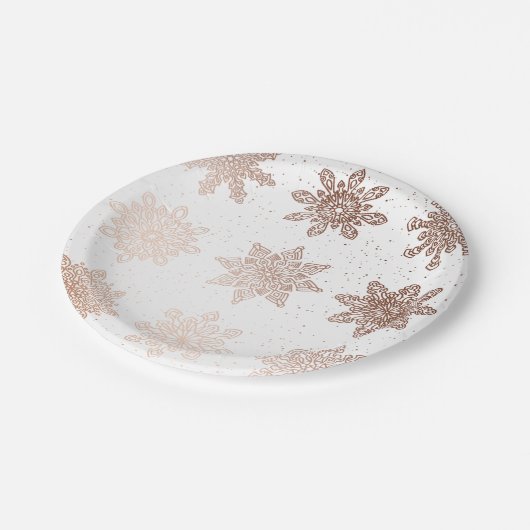 エレガントでモダンなクリスマス|のばら色の金ゴールドの雪片 ペーパープレート (アングル)