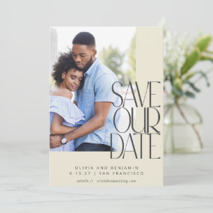 エレガントでモダンなシティウェディングの美学を写真で表現した結婚式のSave the Dateカード セーブザデート