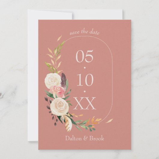 エレガントでモダンなテラコッタの結婚式の招待状（Save the Date） セーブザデート (正面)