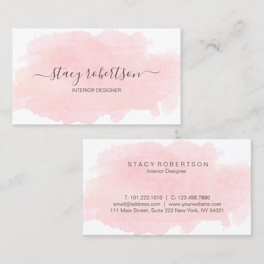 エレガントでモダンなピンクの水彩画のインテリア・デザイナー 名刺 (正面/裏面)