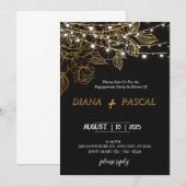 エレガントでモダンなブラックとゴールドのエンゲージメントリング 招待状 (正面/裏面)