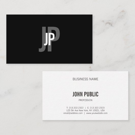 エレガントでモダンなモノグラムの白黒のミニマリスト 名刺 (正面/裏面)