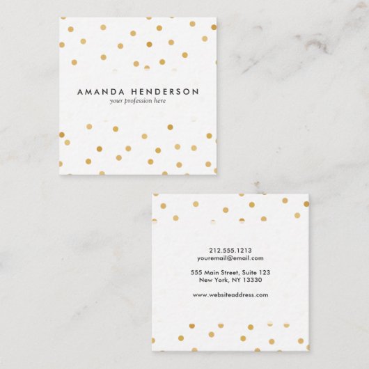 エレガントでモダンな白および金ゴールドの紙吹雪の点 スクエア名刺 (正面/裏面)