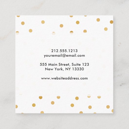 エレガントでモダンな白および金ゴールドの紙吹雪の点 スクエア名刺 (裏面)