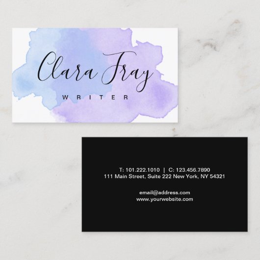 エレガントでモダンな紫色及び青の水彩画の作家 名刺 (正面/裏面)