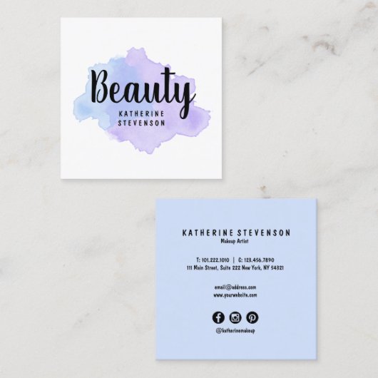 エレガントでモダンな紫色及び青の水彩画の美しい スクエア名刺 (正面/裏面)