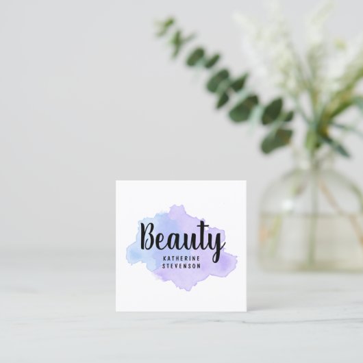 エレガントでモダンな紫色及び青の水彩画の美しい スクエア名刺 (スタンド正面)