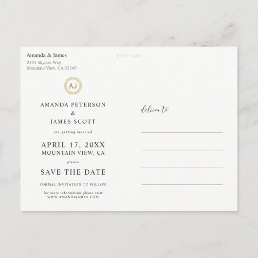 エレガントでモダンな金ゴールドの写真の結婚式の保存日付 案内ポストカード (裏面)