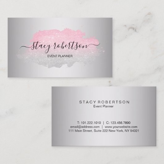 エレガントでモダンな銀及びばら色の金ゴールドのグリッターのプランナー 名刺 (正面/裏面)