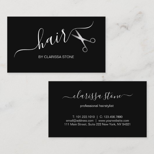 エレガントでモダンな銀及び黒のはさみの美容師 名刺 (正面/裏面)