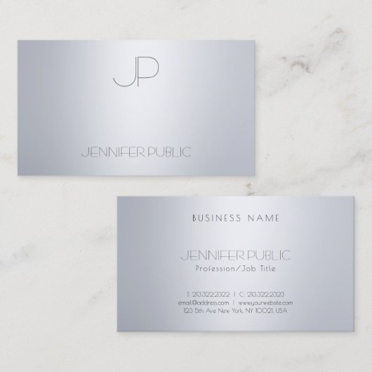 エレガントでモダンな銀製の一見のモノグラムの上品のテンプレート 名刺 (正面/裏面)