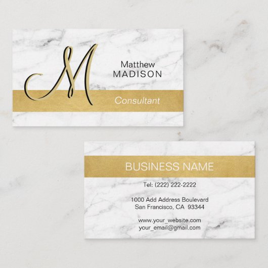 エレガントでモノグラムのな金ゴールドの白黒の大理石 名刺 (正面/裏面)
