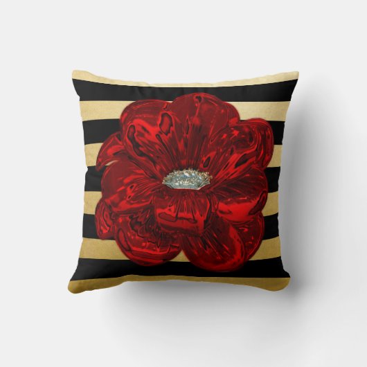 エレガントでユニークで黒い金ゴールドは投球赤いバラの咲きました クッション (裏面)