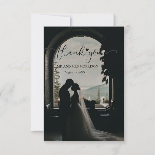 エレガントでユニークな手書きスクリプト結婚式の写真 サンキューカード (正面)