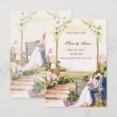 エレガントでロマンチックなガーデンのカップルイラスト - 保存 招待状 (正面/裏面)