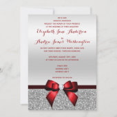 エレガントでロマンチックなピンクの弓及び銀のグリッターの結婚式 招待状 (正面)