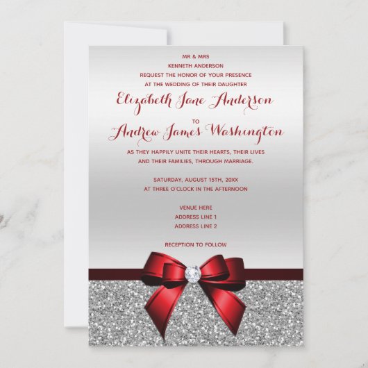 エレガントでロマンチックなピンクの弓及び銀のグリッターの結婚式 招待状 (正面)