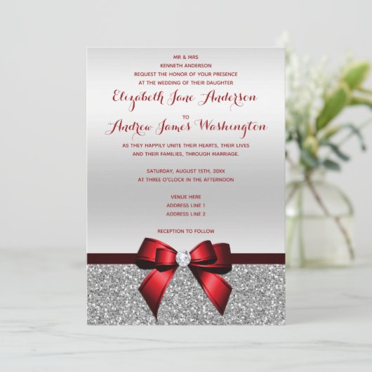 エレガントでロマンチックなピンクの弓及び銀のグリッターの結婚式 招待状 (スタンド正面)