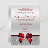 エレガントでロマンチックなピンクの弓及び銀のグリッターの結婚式 招待状 (正面/裏面)