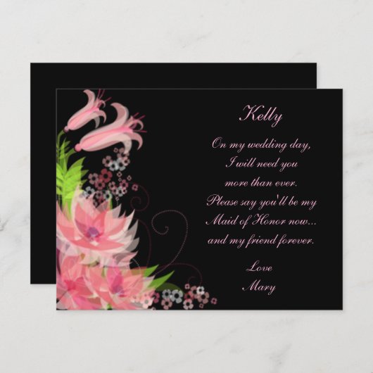 エレガントでロマンチックなピンクの花柄のメイド・オブ・オナー・カード 招待状 (正面/裏面)